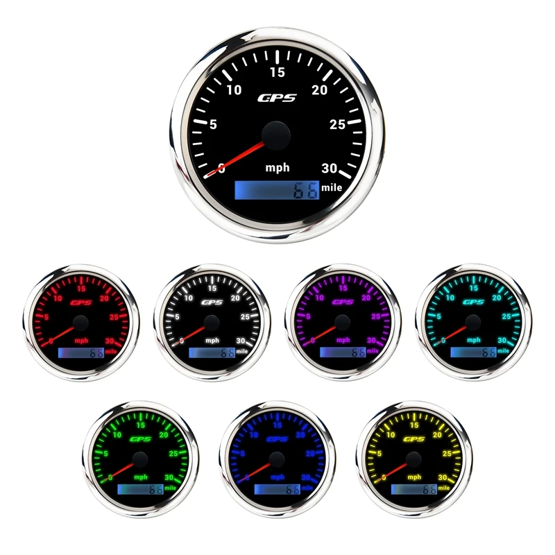 

85MM GPS Marine Speedometer 0-30/Mile Tachometer With 7-Color Backlight Odometer For Boats Yachts Marine