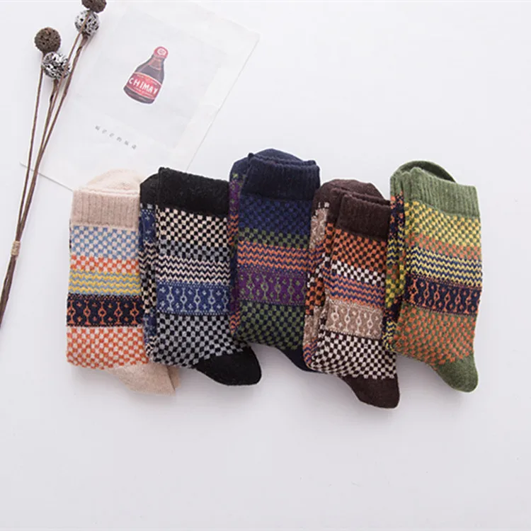 5 Pairs Lot Men Socks  Customized Winter Retro Wool Thickened Warm National Style Folk-custom Christmas Gift Plus Size(6.5-13)