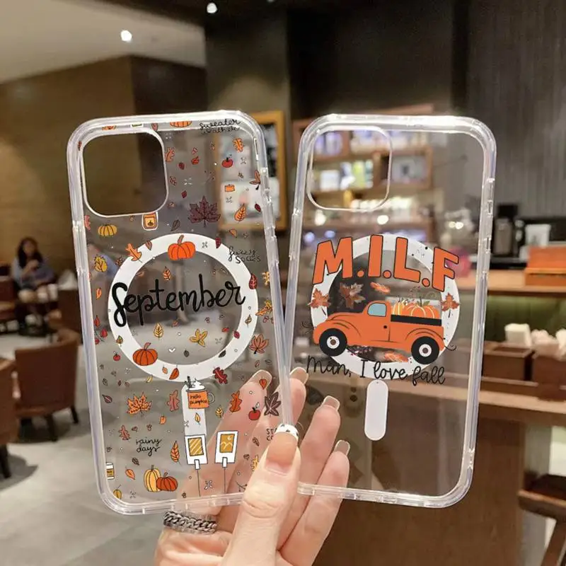 

happy autumn pumpkin fall maple leaf Phone Case Transparent Magsafe Magnetic Magnet For iPhone 13 12 11 Pro Max Mini