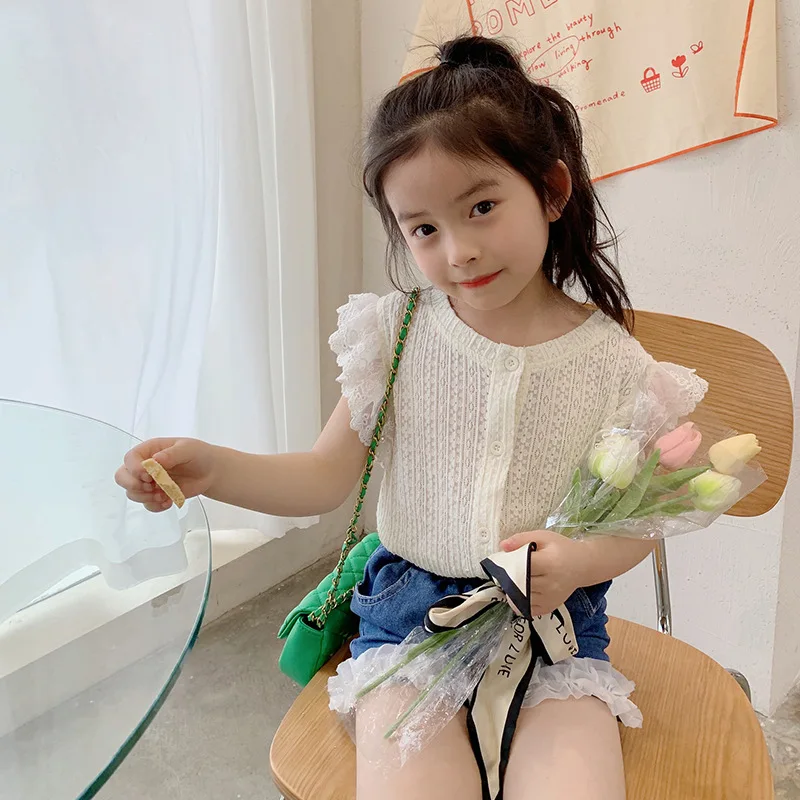

Girls Clothes 2022 Summer Children's Korean Foreign Lace Edge Hollow Vest Baby Sleeveless Top Thin