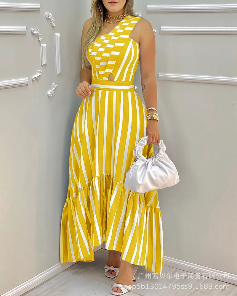 

Женское платье в полоску, элегантное ажурное платье с высокой талией и косым воротником, платье без рукавов в полоску на одно плечо, лето 2022