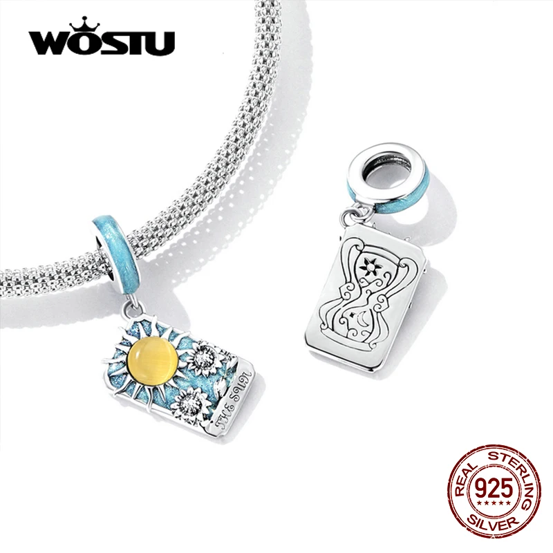 WOSTU 925 Sterling Silver Pink Heart Blue Tarot Cards Lovers Charm Pendents Fit Original DIY Bracelet Necklace Birthday Jewelry