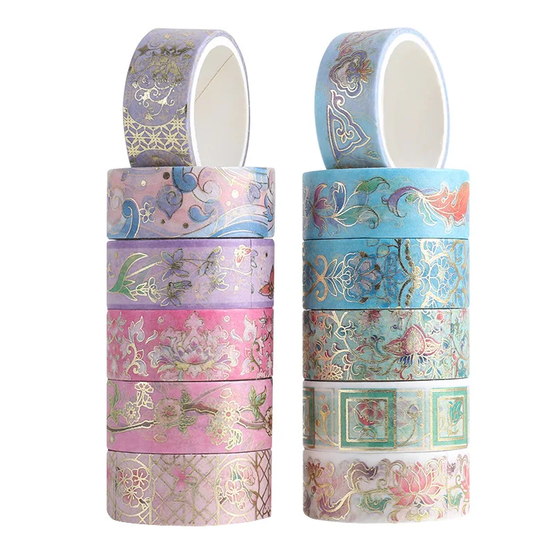 

12pcs Blooming Flower Decorative Adhesive Tape Golden Foil Masking Washi Tape Diy Scrapbooking Sticker Label Stationery