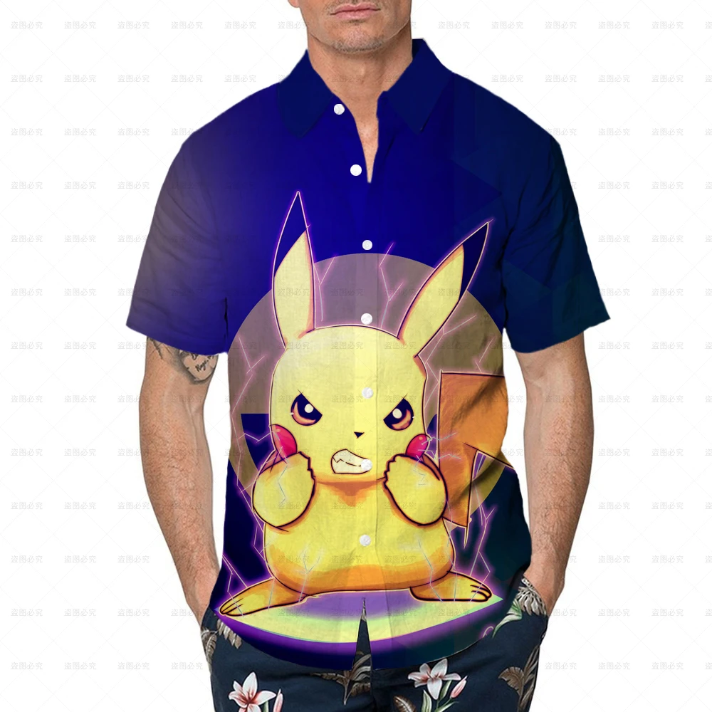 

Street Clothing Men's Shirts Harajuku Style Sports Shirts Pokemon Cartoon Fashion Shirts Couple Hawaiian Pikachu Summer Tops