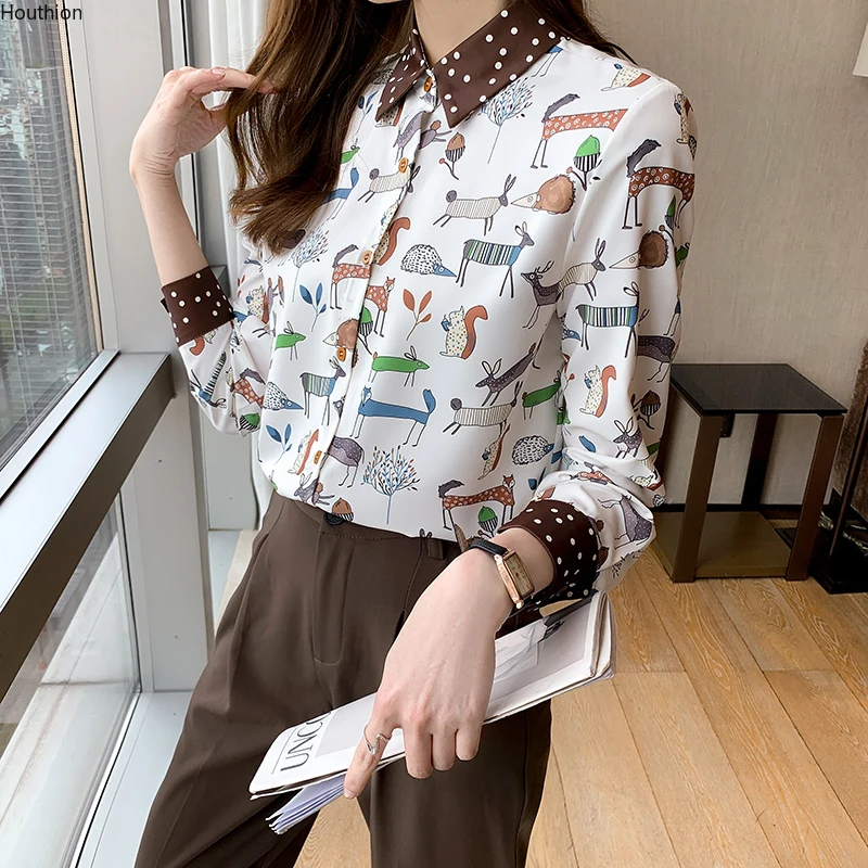 

Блузка женская шифоновая с длинным рукавом, модная повседневная рубашка-поло со сращением, с принтом, свободного покроя, лето-осень