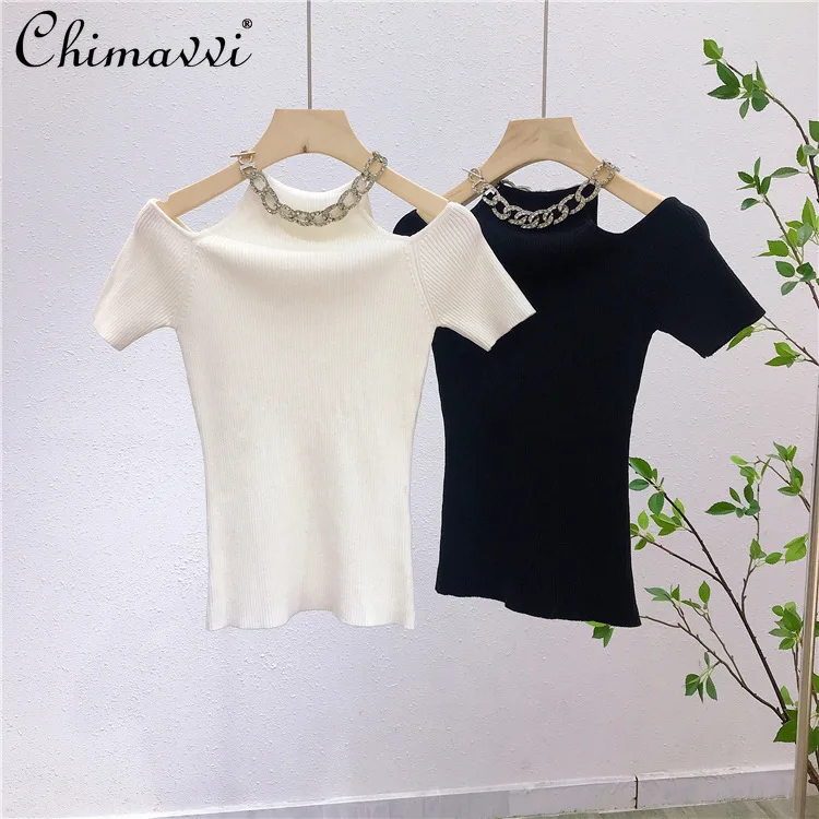 

Women's Sexy Slim Fashion New Short Sleeve Ice Silk Knitted Tee All-Match Solid Color Drill Chain Shoulder-Baring T-shirt Tops