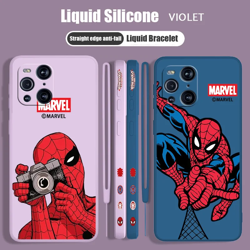 

Marvel Spider-Man Anime Liquid Left Rope Phone Case For OPPO Find X5 X3 X2 Lite Pro Neo 5G Lanyard Funda Soft TPU Cover