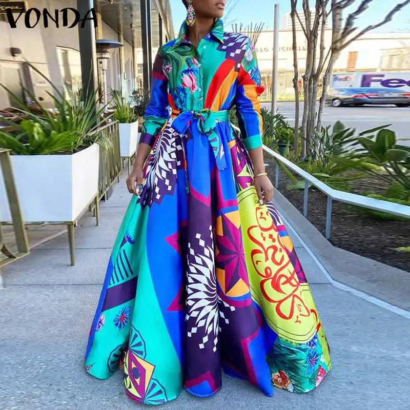 

Вечернее платье макси с винтажным принтом, платья на пуговицах, плиссированные халаты, длинные женские платья-рубашки с отложным воротнико...