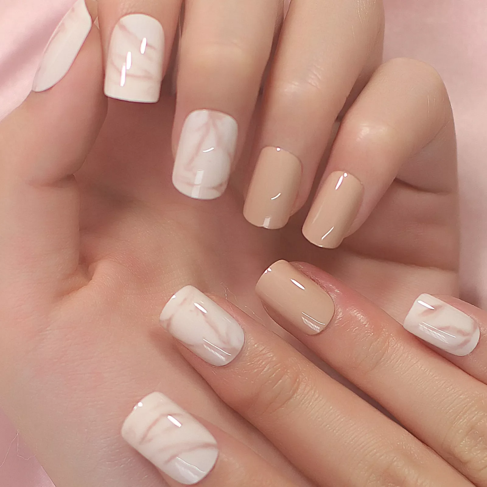 

Natural Nude Color Press On Nails Marble White Artificial False Nails Square Short Glossy Pattern Tips with Glue Sticker