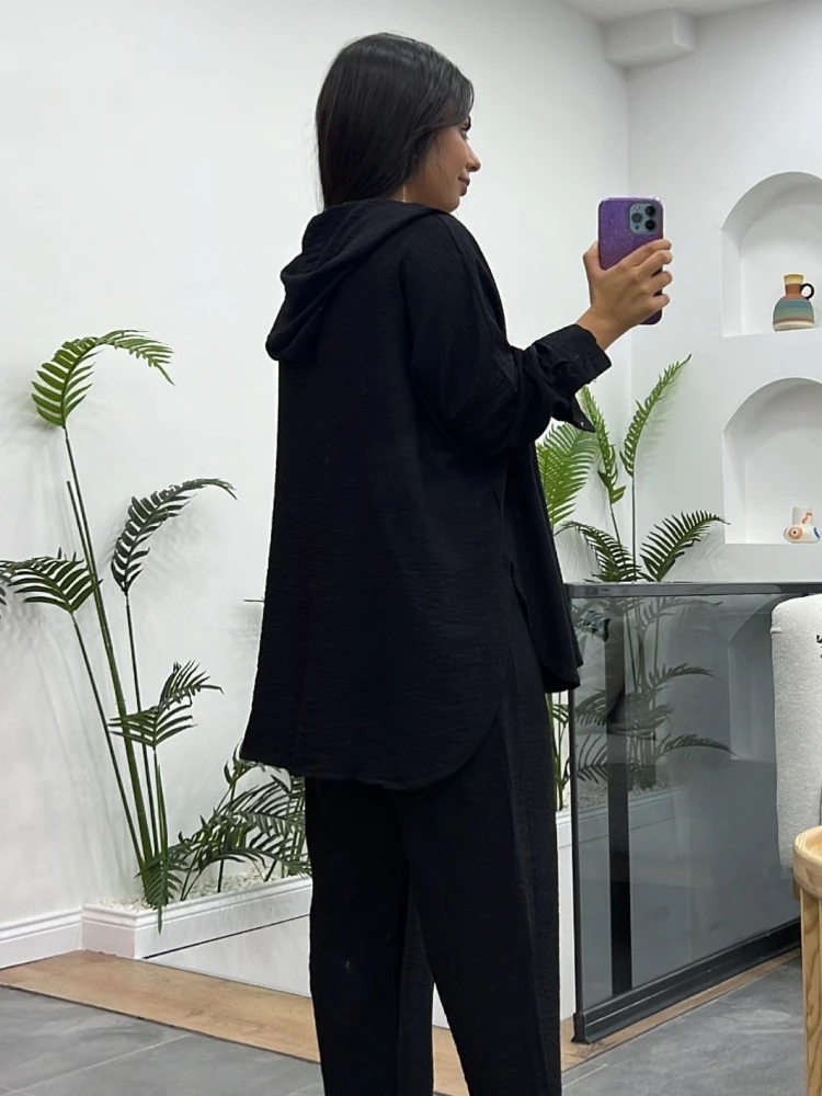 Осенняя новинка свободная рубашка с капюшоном и длинными рукавами укороченные