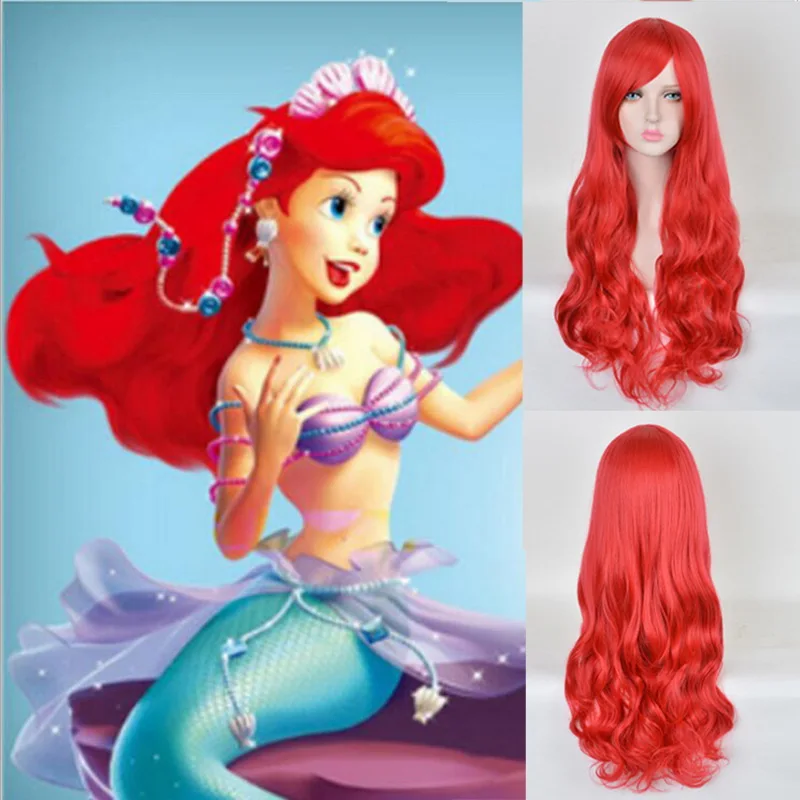 70cm Anime The Little Mermaid Princess Ariel Cosplay Wig Halloween Play Wig Party Stage Synthetic Red Wavy Hair