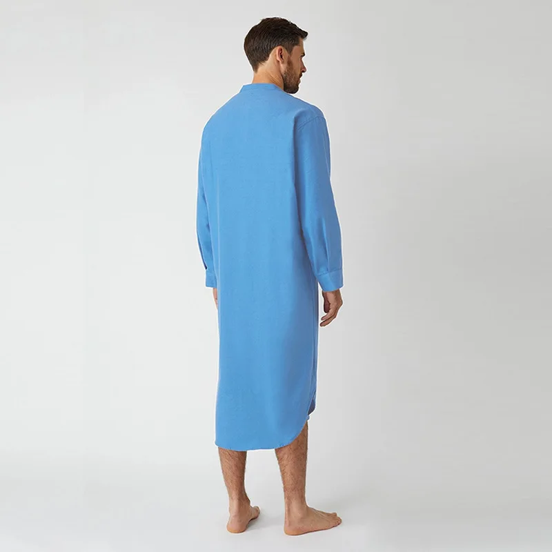 Muslim Men Sleepwear Pajamas Nightgown Long Sleeve Button Solid Long Shirt Sleepwear Mens Button Collar Arab Robe Pijamas Male