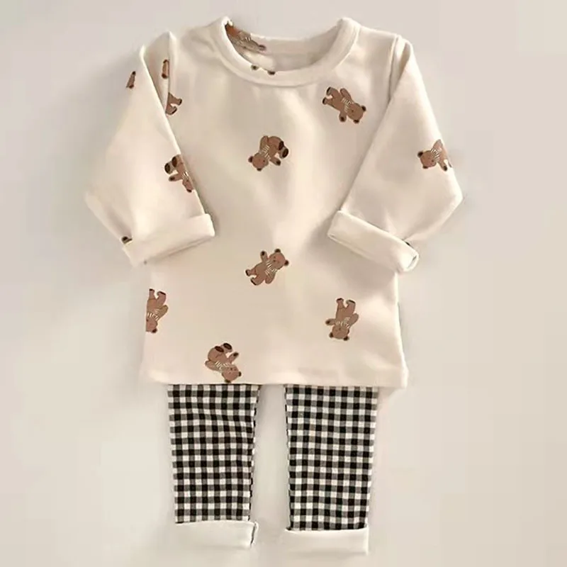 

2022 Spring New Children Cartoon Bear Print Sweatshirt + Plaid Pants 2pcs Baby Long Sleeve Clothes Set Kids Boys Pullover Suit