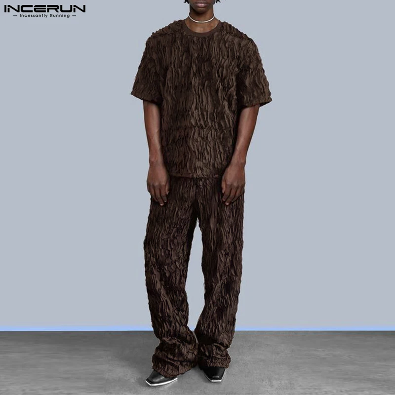 

INCERUN 2023 Men Sets Solid Color Streetwear Pleated Oversize O-neck Short Sleeve T Shirt & Pants 2PCS Fashion Men Casual Suits