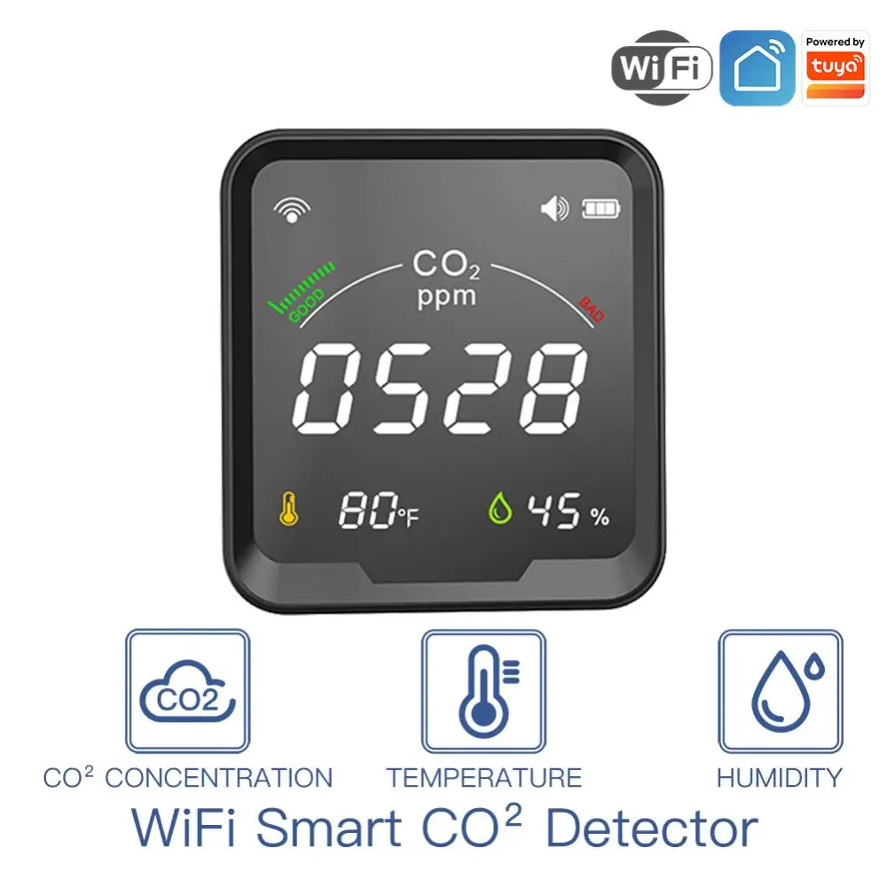 

Tuya WiFi Smart Air Quality Tester Multifunctional Detector LED Display CO2 Temperature Humidity Monitoring Air Quality Detector