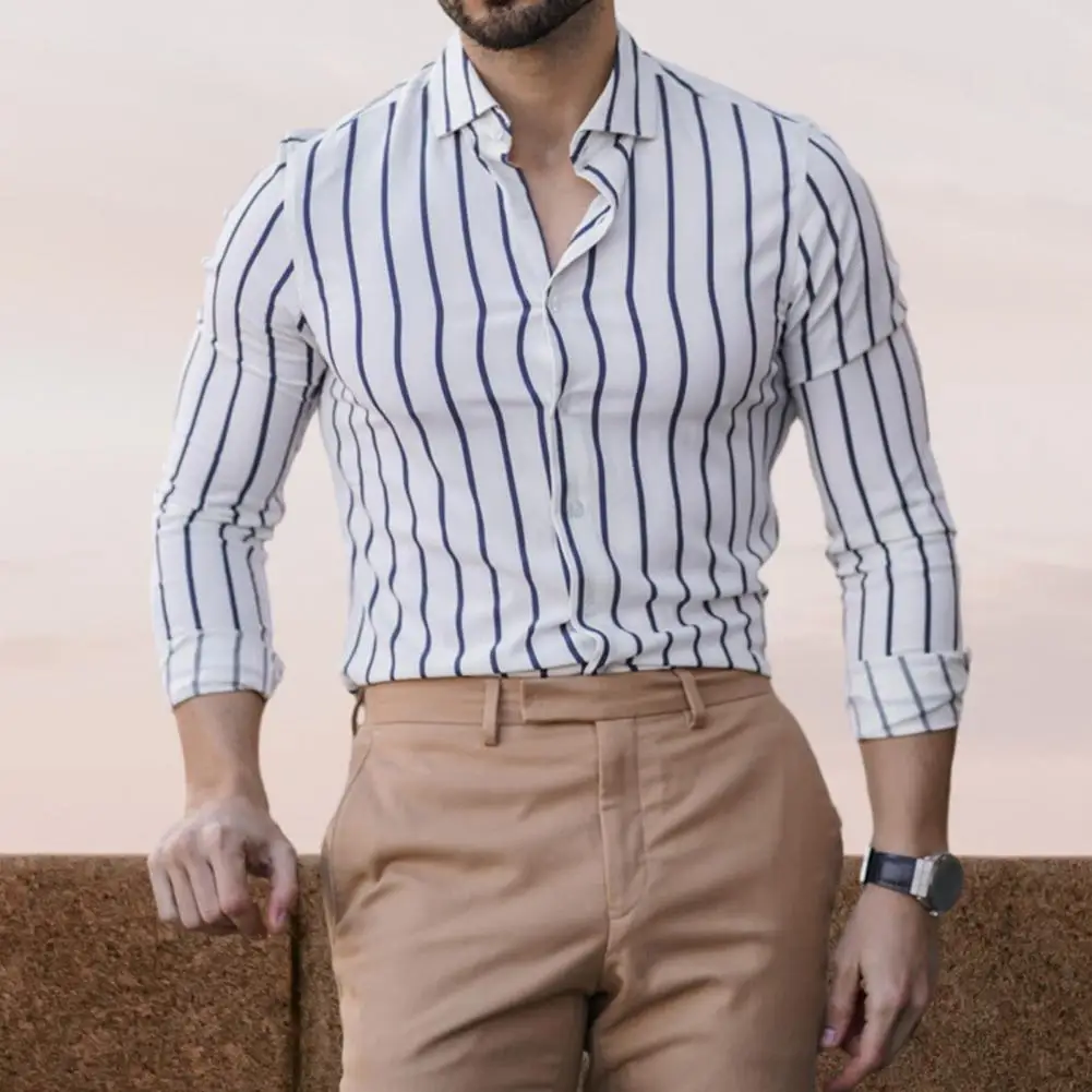 

Men Business Shirt Stylish Men's Striped Print Business Shirt Slim Fit Long Sleeves Turn-down Collar for Formal Fall Wear Men