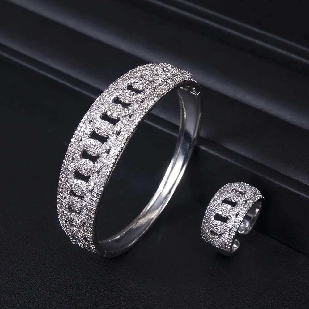 

Fashion Luxury Zircon Jewelry Set For Women Link Bracelets Bangle Cuff Ring Arabia Nigerian Dubai Bride Wedding Party Accessory