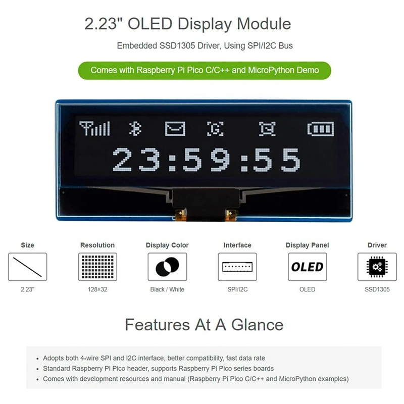 Модуль OLED-дисплея Waveshare 2 23 дюйма для Raspberry Pi Pico встроенный драйвер SSD1305 128X32
