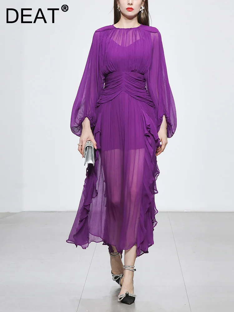 

[DEAT] New Fashion Asymmetric Folds Long Sleeve O-neck Dress For Women Ruffled Elegant Party Dresses Female 2023 Spring 13DB803