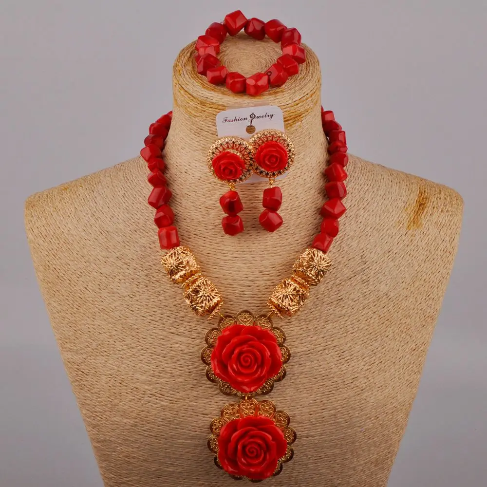 

Fashion Red Coral Beads Jewelry Set African Coral Necklace Nigerian Wedding Bridal Jewelry Sets