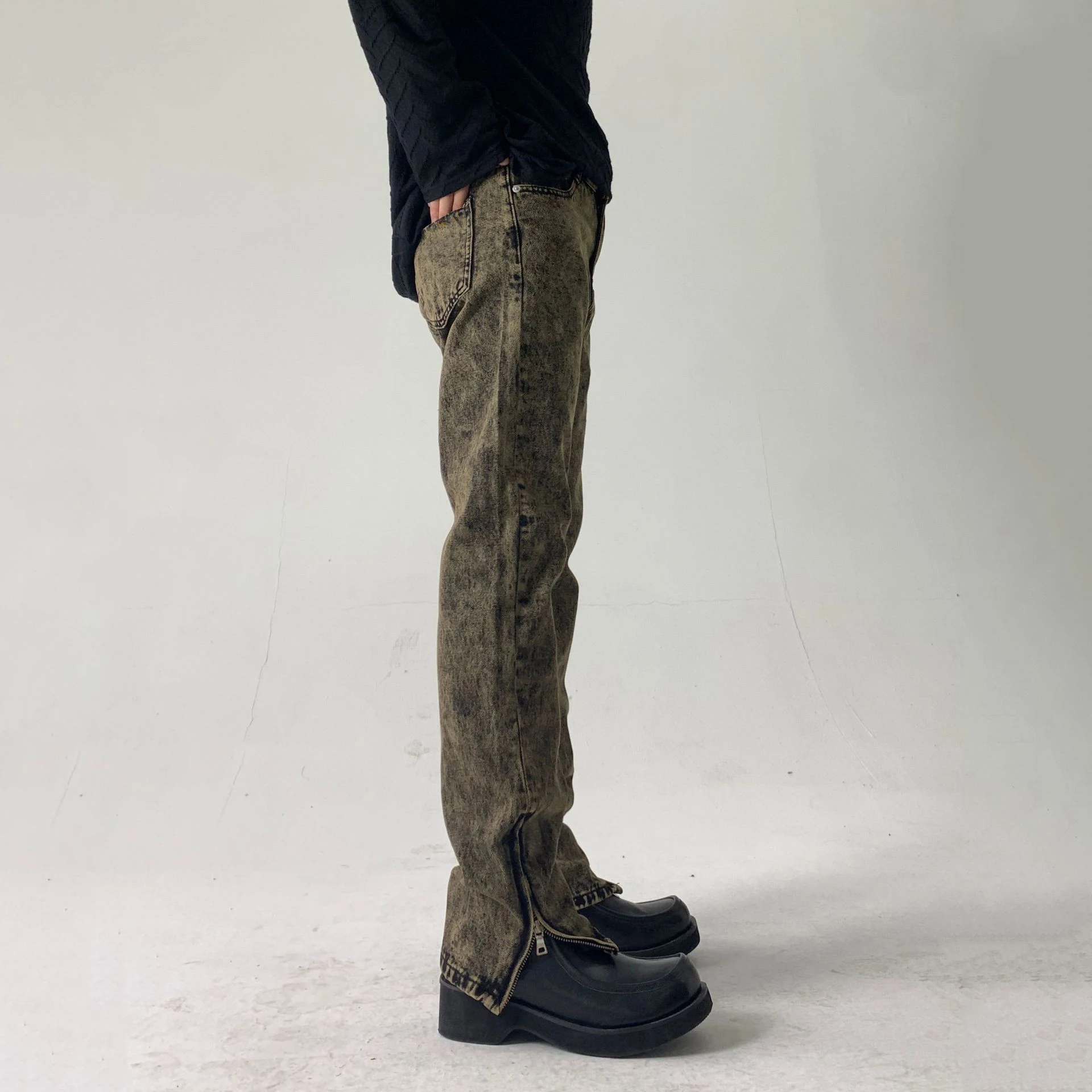 Washed Retro Men's Distressed Jeans Korean Style Street Trend Slim Fit Slim Side Zipper Casual Trousers Streetwear Men's Casual