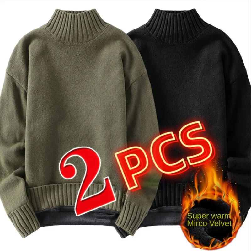 

2PCS Men's Fleece Tickened Mid/i collar Sweater Winter Men Solid Color Sweater Cold-proof Warm Pullover Bottomin Sirt 5XL