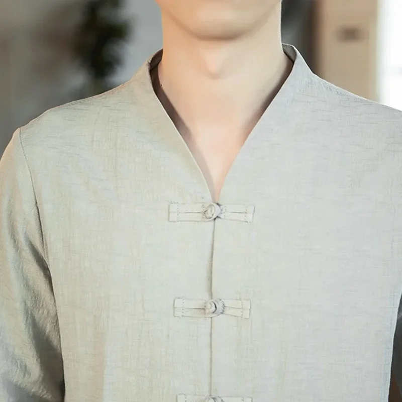 Новинка 2024 мужские топы в китайском стиле льняной костюм Тан однотонная