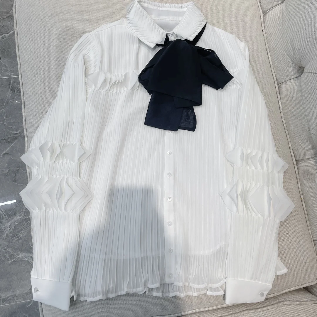 

2022 spring new women's bow silk pleated shirt