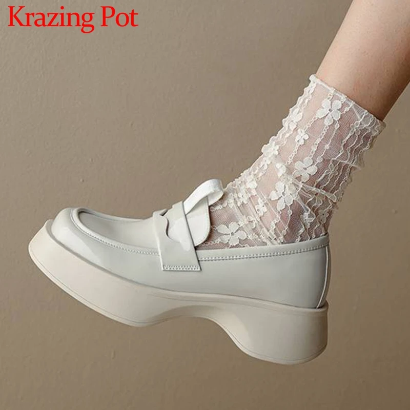 

Krazing Pot Full Grain Leather Square Toe Med Heels Platform Loafers Shoes Slip on British School Vintage Maiden Autumn Pumps