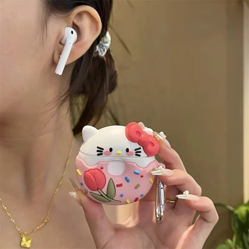Чехол для наушников с рисунком пончика Hello Kitty Apple AirPods 1 2 3 Pro 3D милые силиконовые