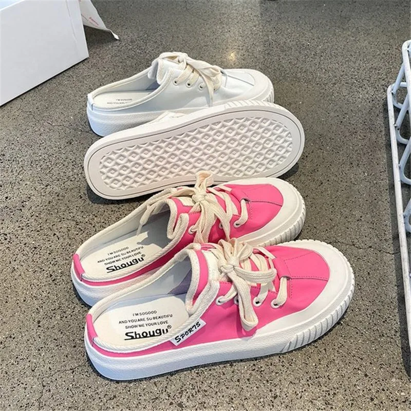 

Ladies Fashion Casual Shoes 2021 Summer New Fashion Canvas Sandals And Slippers Leather Baotou Half Slippers 35-40