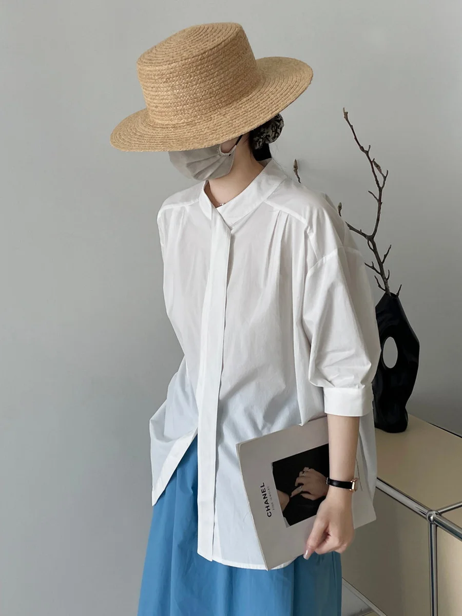 Белая рубашка с воротником-стойкой и рукавом лентой женские модные брендовые