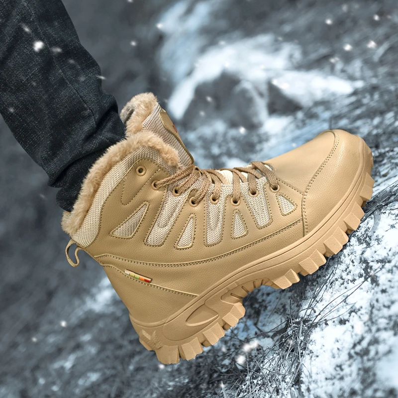 HIKEUP Men Outdoor Hiking Shoes Padded High-top Warm Cotton Shoes Men Tactical Military Snow Boots Genuine Leather Plus Size