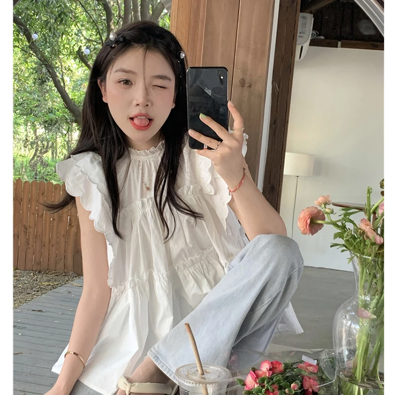 

Sweet and cute Ruffle sleeveless shirt women's summer new loose flying sleeve minority student doll shirt top