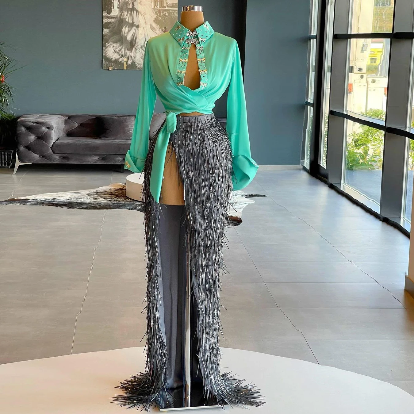 

New Arrival Two Piece Elegant Prom Party Dresses Long Sleeve Crystals High Neck Tassel Split Women Evening Gowns Custom Made
