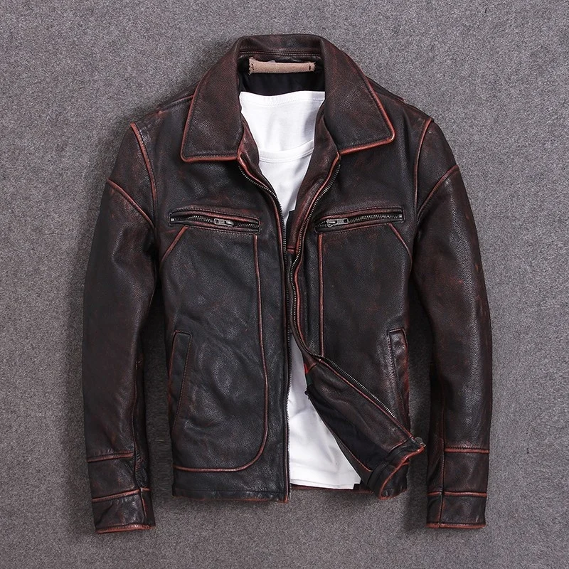 

Men's leather jacket, vintage red jacket casual American-style brown plus size 5xl genuine cow leather autumn motorcycle jacket