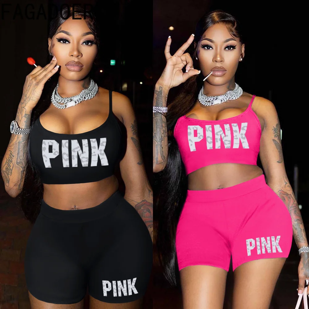 

FAGADOER 2023 Women Solid Streetwear Pink Lettter Print Vest Top and Biker Shorts 2 Two Piece Set Summer Casual Sporty Sets