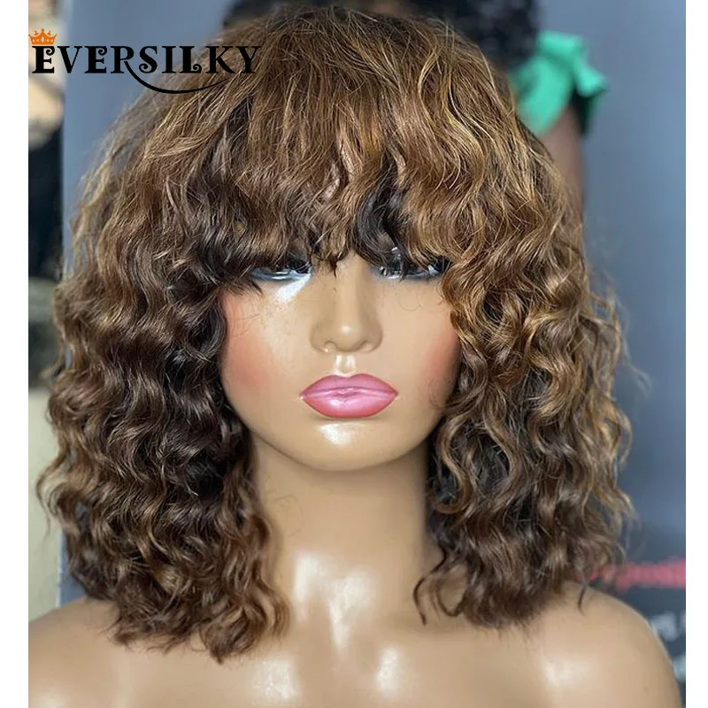 

Натуральные средние коричневые натуральные волнистые человеческие волосы, парики с челкой, плотность 200, парики на сетке 5x5, без клея, Remy, вью...