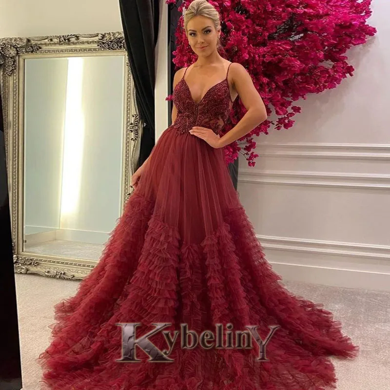 

Kybeliny Red Tulle Flowers Evening Dresses Tiered V-Neck Prom Robe De Soiree Graduation Celebrity Vestidos Fiesta Women Formal