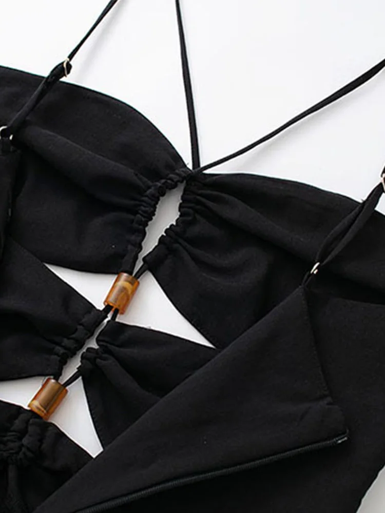 Женское сексуальное ажурное платье на бретельках элегантное однотонное черное