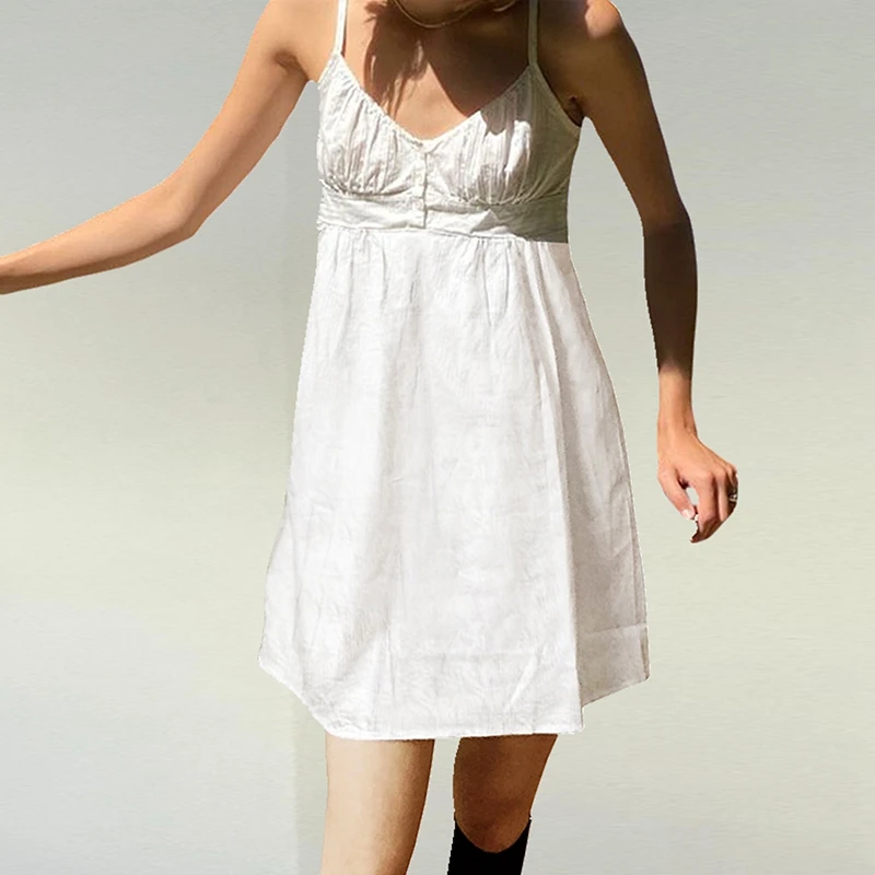 

Maemukilabe French Style Vintage White Mini Dress Chic Women Sexy V Neck Backless Spaghetti Strap Sundress Y2K Fairy Vintage