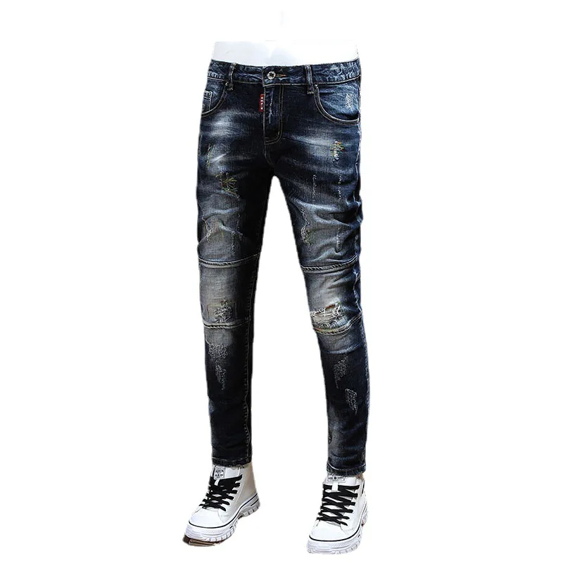Streetwear Fashion Men Jeans Retro Black Blue Elastic Slim Fit Ripped Jeans Men Spliced Embroidery Designer Hip Hop Pants Hombre