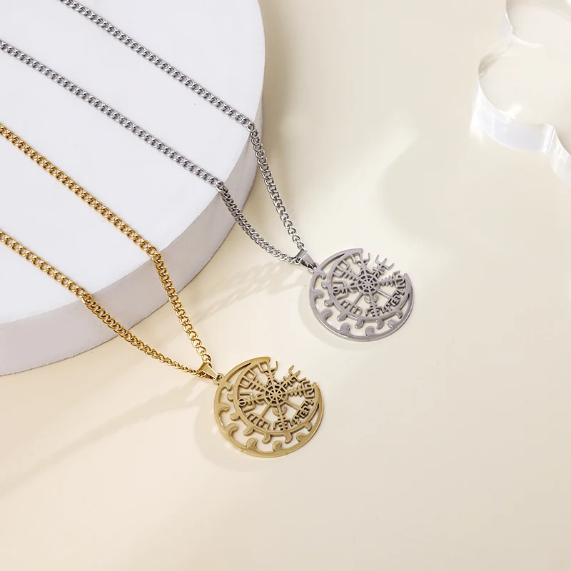 

New Classic Retro Rune Pendant Necklace Men and Women Temperament Fashion Stainless Steel Compass Necklace Jewelry Wholesale