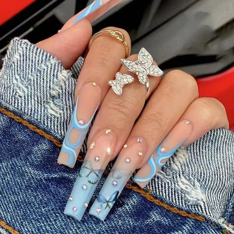 

24 длинные синие накладные ногти в форме балета с клеем нажимная бабочка жемчужная дрель ногти искусственные ногти Fantaisie полное покрытие акр...