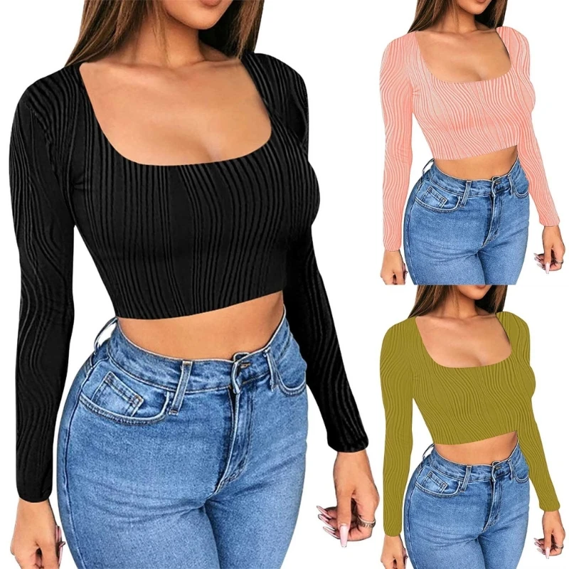

Womens Crop Tops Long Sleeve T-Shirt Ladies Short Plain Basic Square Neck Shirts Top Ribbed Summer Camisole drop shipping