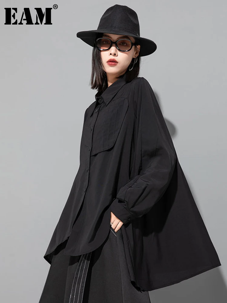 

[EAM] Женская Черная Асимметричная плиссированная блуза большого размера, новая свободная рубашка с отворотом и длинным рукавом, весна-осень ...