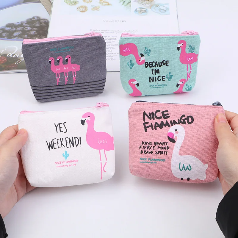 

Women Canvas Coin Purse Card Key Mini Purses Pouch Girl Kid Flamingo Cute Small Zipper Coin Purse Card Holder Wallet Storage Bag