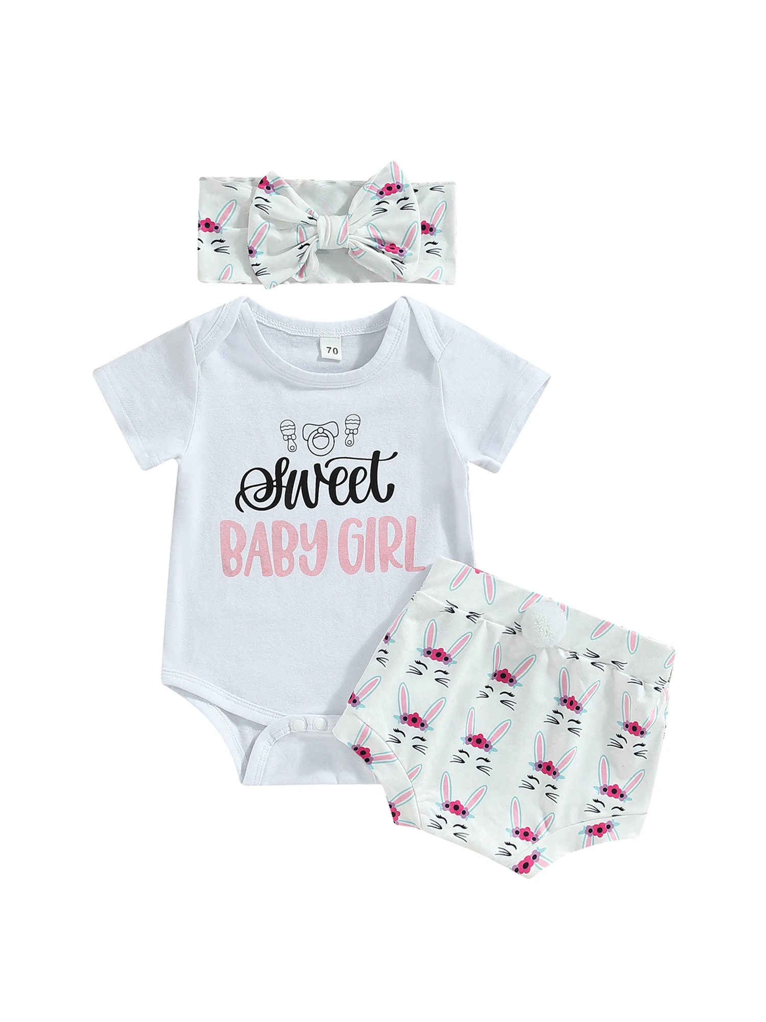

Easter Outfit Baby Girl Short Sleeve Bunny Letter Print Romper Cartoon Rabbit Print Bloomers Shorts Newborn Headband