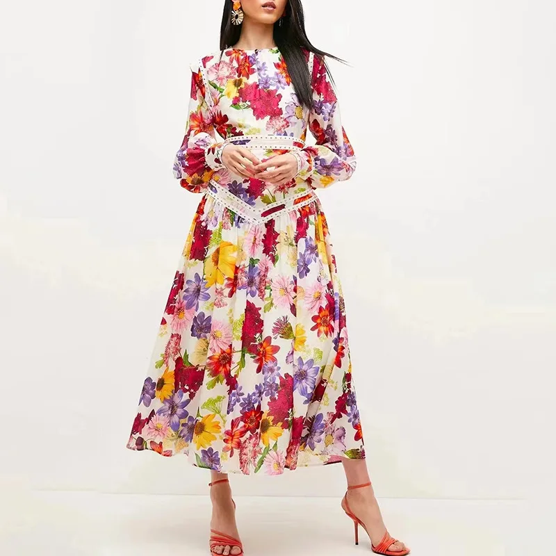 

Seaside Resort Style Beach Dress 2022 New Round Neck Bubble Sleeve Beaded Decorative Print Ruffle Dress Female