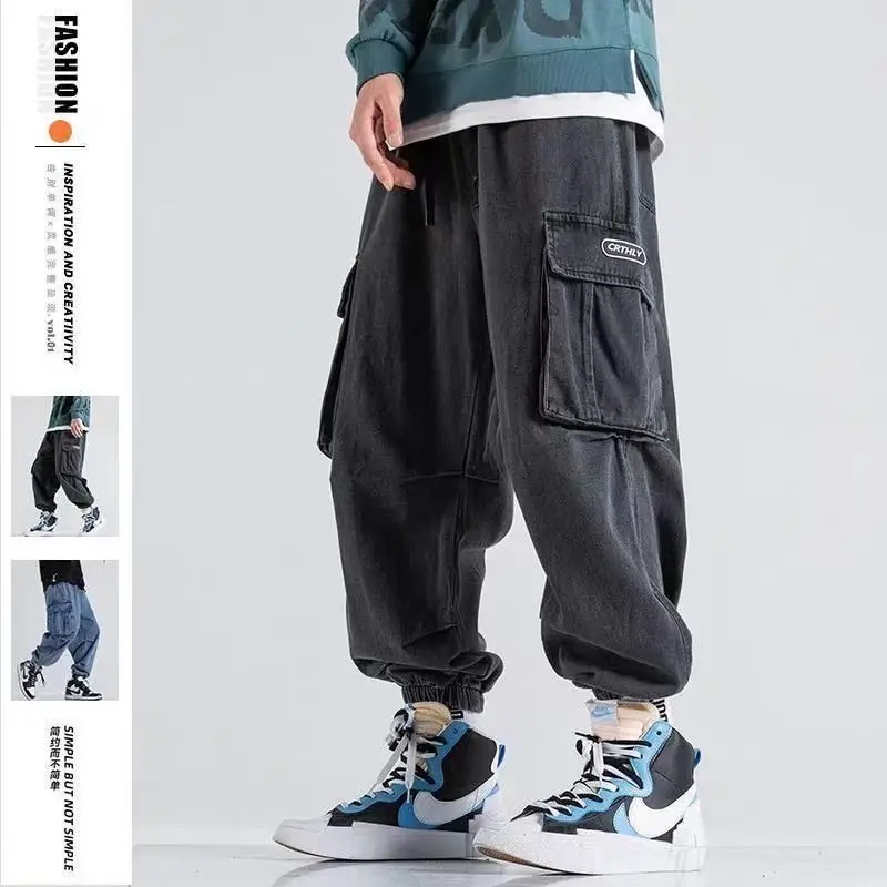 New Big Pocket Workwear Mens Jeans Loose Strap High Street Fashion Retro Wide Leg Haren Denim Pants for Men